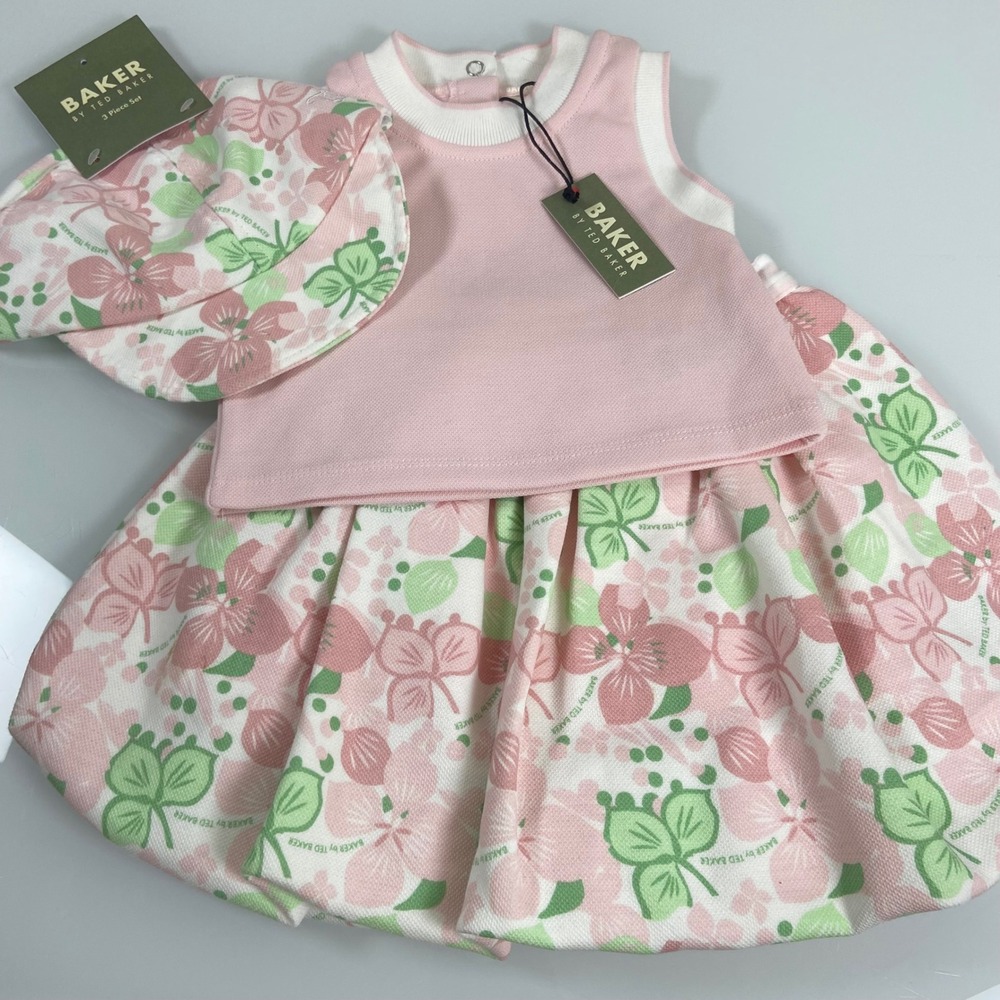 Ted Baker Girls 24M Pink Floral Skort Top Hat 3pc Set New Floral Print